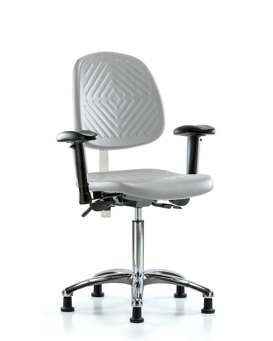 Blue Ridge Ergonomics NCR-PMBCH-MB-CR-T1-A1-NF-RG-GRY Class 100 Polyurethane Clean Room Chair - Medium Bench Height with Medium Back, Seat Tilt, Adjustable Arms, & Stationary Glides in Gray Polyurethane
