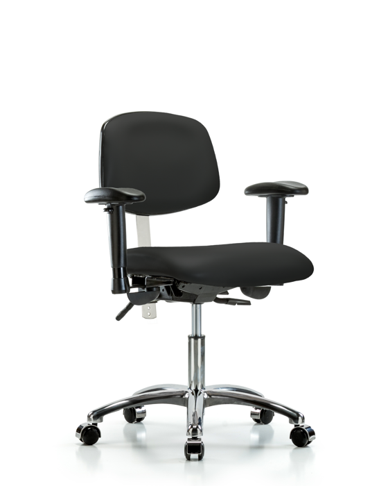 Blue Ridge Ergonomics NCR-VDHCH-CR-T0-A1-CC-8540 Class 100 Vinyl Clean Room Chair - Desk Height with Adjustable Arms & Casters in Black Trailblazer™ Vinyl