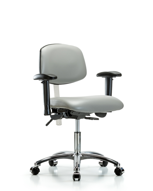 Blue Ridge Ergonomics NCR-VDHCH-CR-T1-A1-CC-8567 Class 100 Vinyl Clean Room Chair - Desk Height with Seat Tilt, Adjustable Arms, & Casters in Dove Trailblazer™ Vinyl