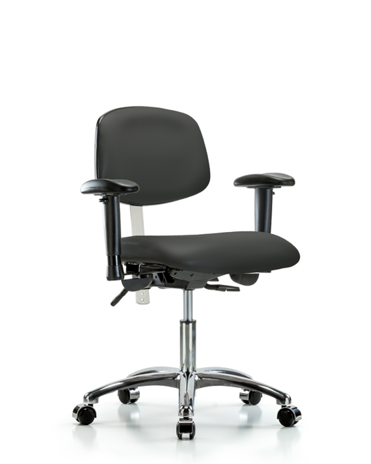 Blue Ridge Ergonomics NCR-VDHCH-CR-T1-A1-CC-8605 Class 100 Vinyl Clean Room Chair - Desk Height with Seat Tilt, Adjustable Arms, & Casters in Charcoal Trailblazer™ Vinyl