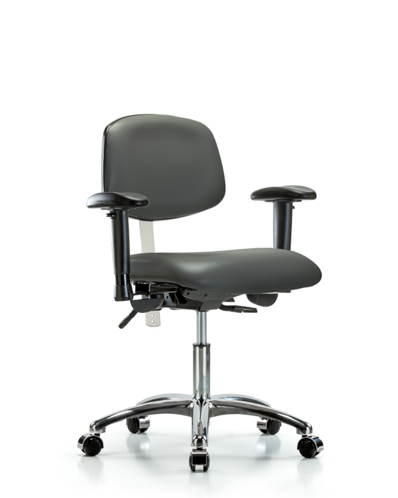 Blue Ridge Ergonomics NCR-VDHCH-CR-T1-A1-CC-8823 Class 100 Vinyl Clean Room Chair - Desk Height with Seat Tilt, Adjustable Arms, & Casters in Carbon Supernova™ Vinyl