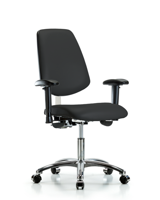 Blue Ridge Ergonomics NCR-VDHCH-MB-CR-T0-A1-CC-8540 Class 100 Vinyl Clean Room Chair - Desk Height with Medium Back, Adjustable Arms, & Casters in Black Trailblazer™ Vinyl