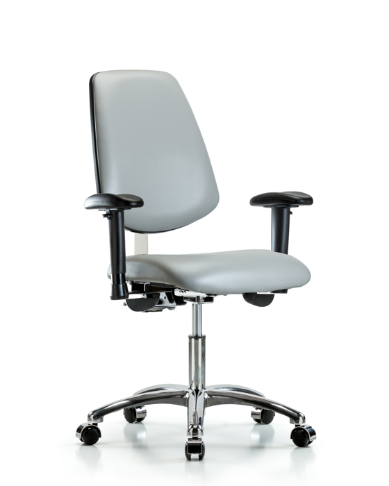 Blue Ridge Ergonomics NCR-VDHCH-MB-CR-T0-A1-CC-8567 Class 100 Vinyl Clean Room Chair - Desk Height with Medium Back, Adjustable Arms, & Casters in Dove Trailblazer™ Vinyl