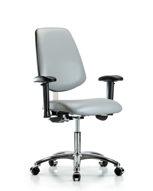 Blue Ridge Ergonomics NCR-VDHCH-MB-CR-T0-A1-CC-8567 Class 100 Vinyl Clean Room Chair - Desk Height with Medium Back, Adjustable Arms, & Casters in Dove Trailblazer™ Vinyl