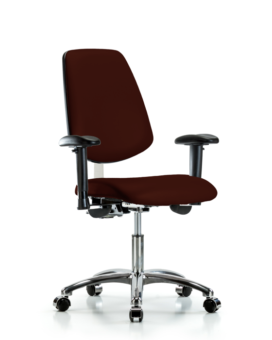 Blue Ridge Ergonomics NCR-VDHCH-MB-CR-T0-A1-CC-8569 Class 100 Vinyl Clean Room Chair - Desk Height with Medium Back, Adjustable Arms, & Casters in Burgundy Trailblazer™ Vinyl