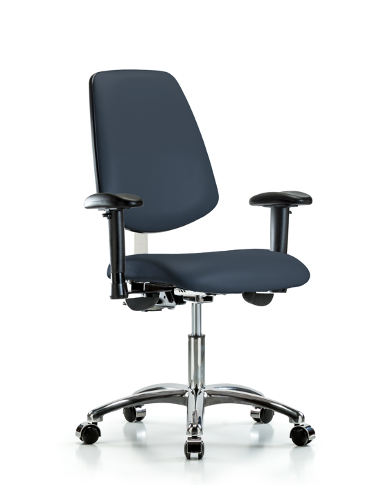 Blue Ridge Ergonomics NCR-VDHCH-MB-CR-T0-A1-CC-8582 Class 100 Vinyl Clean Room Chair - Desk Height with Medium Back, Adjustable Arms, & Casters in Imperial Blue Trailblazer™ Vinyl