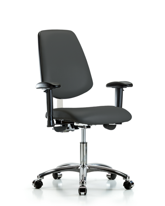 Blue Ridge Ergonomics NCR-VDHCH-MB-CR-T0-A1-CC-8605 Class 100 Vinyl Clean Room Chair - Desk Height with Medium Back, Adjustable Arms, & Casters in Charcoal Trailblazer™ Vinyl