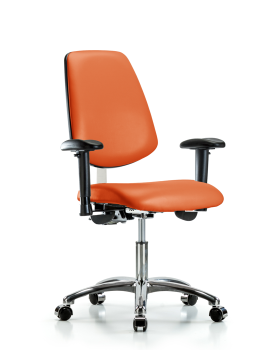 Blue Ridge Ergonomics NCR-VDHCH-MB-CR-T0-A1-CC-8613 Class 100 Vinyl Clean Room Chair - Desk Height with Medium Back, Adjustable Arms, & Casters in Orange Kist Trailblazer™ Vinyl