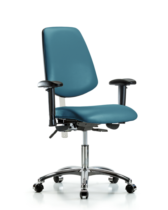 Blue Ridge Ergonomics NCR-VDHCH-MB-CR-T0-A1-CC-8801 Class 100 Vinyl Clean Room Chair - Desk Height with Medium Back, Adjustable Arms, & Casters in Marine Blue Supernova™ Vinyl
