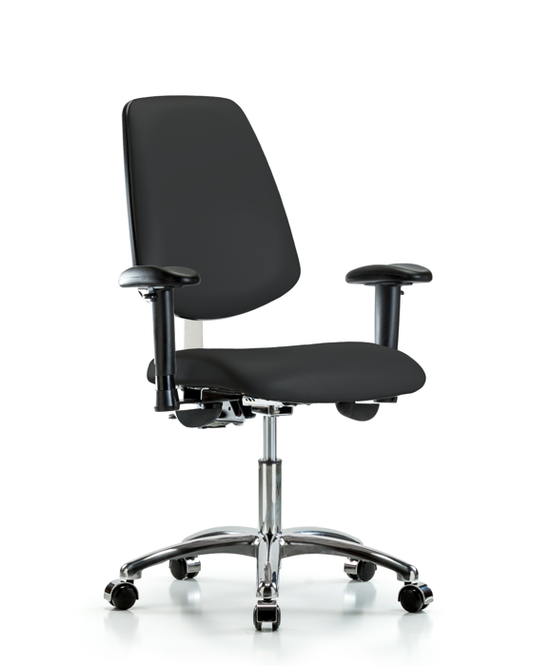Blue Ridge Ergonomics NCR-VDHCH-MB-CR-T1-A1-CC-8540 Class 100 Vinyl Clean Room Chair - Desk Height with Medium Back, Seat Tilt, Adjustable Arms, & Casters in Black Trailblazer™ Vinyl