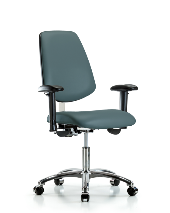 Blue Ridge Ergonomics NCR-VDHCH-MB-CR-T1-A1-CC-8546 Class 100 Vinyl Clean Room Chair - Desk Height with Medium Back, Seat Tilt, Adjustable Arms, & Casters in Colonial Blue Trailblazer™ Vinyl