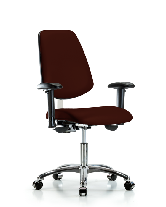 Blue Ridge Ergonomics NCR-VDHCH-MB-CR-T1-A1-CC-8569 Class 100 Vinyl Clean Room Chair - Desk Height with Medium Back, Seat Tilt, Adjustable Arms, & Casters in Burgundy Trailblazer™ Vinyl