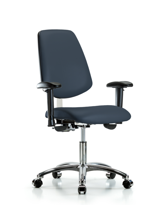 Blue Ridge Ergonomics NCR-VDHCH-MB-CR-T1-A1-CC-8582 Class 100 Vinyl Clean Room Chair - Desk Height with Medium Back, Seat Tilt, Adjustable Arms, & Casters in Imperial Blue Trailblazer™ Vinyl