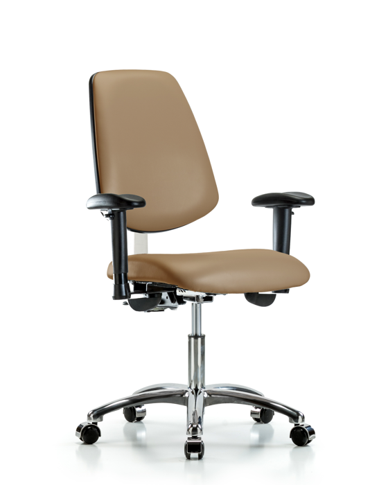 Blue Ridge Ergonomics NCR-VDHCH-MB-CR-T1-A1-CC-8584 Class 100 Vinyl Clean Room Chair - Desk Height with Medium Back, Seat Tilt, Adjustable Arms, & Casters in Taupe Trailblazer™ Vinyl