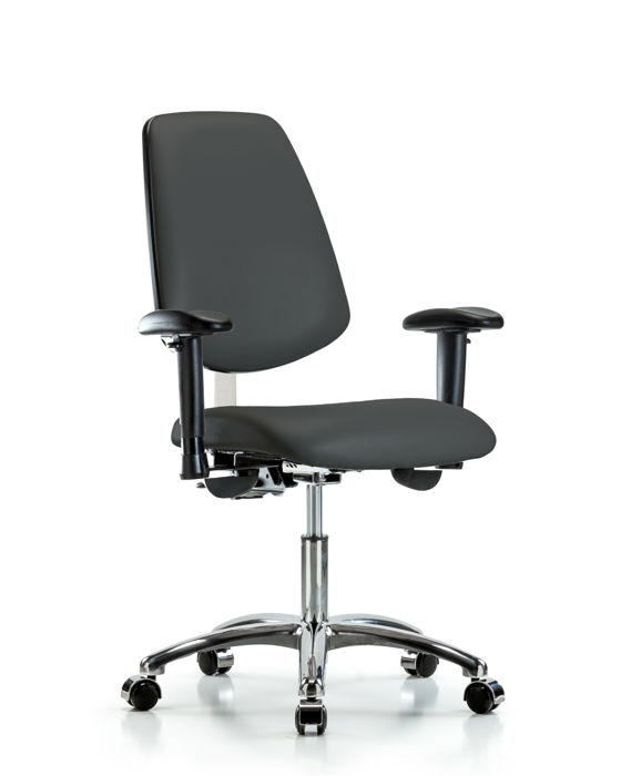 Blue Ridge Ergonomics NCR-VDHCH-MB-CR-T1-A1-CC-8605 Class 100 Vinyl Clean Room Chair - Desk Height with Medium Back, Seat Tilt, Adjustable Arms, & Casters in Charcoal Trailblazer™ Vinyl