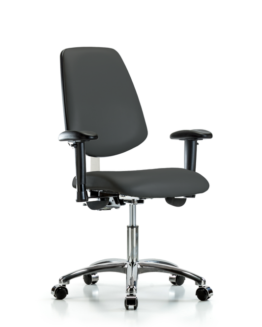 Blue Ridge Ergonomics NCR-VDHCH-MB-CR-T1-A1-CC-8605 Class 100 Vinyl Clean Room Chair - Desk Height with Medium Back, Seat Tilt, Adjustable Arms, & Casters in Charcoal Trailblazer™ Vinyl