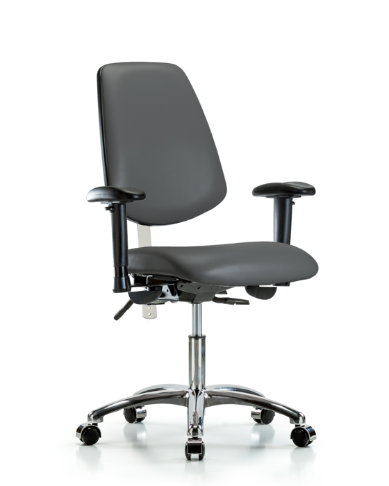 Blue Ridge Ergonomics NCR-VDHCH-MB-CR-T1-A1-CC-8823 Class 100 Vinyl Clean Room Chair - Desk Height with Medium Back, Seat Tilt, Adjustable Arms, & Casters in Carbon Supernova™ Vinyl
