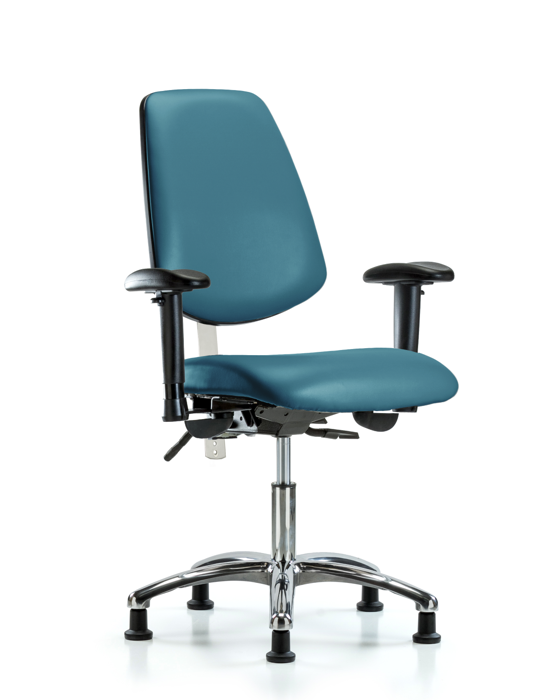 Blue Ridge Ergonomics NCR-VDHCH-MB-CR-T1-A1-RG-8801 Class 100 Vinyl Clean Room Chair - Desk Height with Medium Back, Seat Tilt, Adjustable Arms, & Stationary Glides in Marine Blue Supernova™ Vinyl