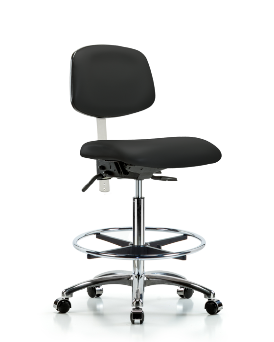 Blue Ridge Ergonomics NCR-VHBCH-CR-T0-A0-CF-CC-8540 Class 100 Vinyl Clean Room Chair - High Bench Height with Chrome Foot Ring & Casters in Black Trailblazer™ Vinyl