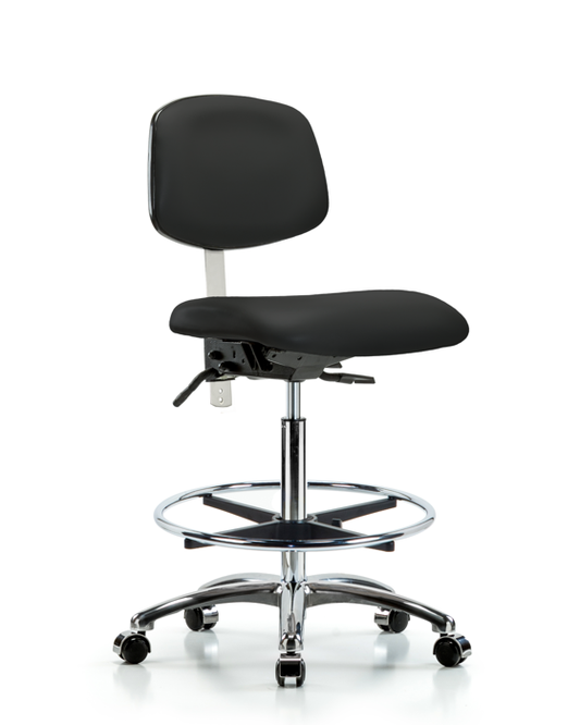 Blue Ridge Ergonomics NCR-VHBCH-CR-T0-A0-CF-CC-8540 Class 100 Vinyl Clean Room Chair - High Bench Height with Chrome Foot Ring & Casters in Black Trailblazer™ Vinyl