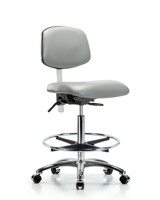 Blue Ridge Ergonomics NCR-VHBCH-CR-T0-A0-CF-CC-8567 Class 100 Vinyl Clean Room Chair - High Bench Height with Chrome Foot Ring & Casters in Dove Trailblazer™ Vinyl