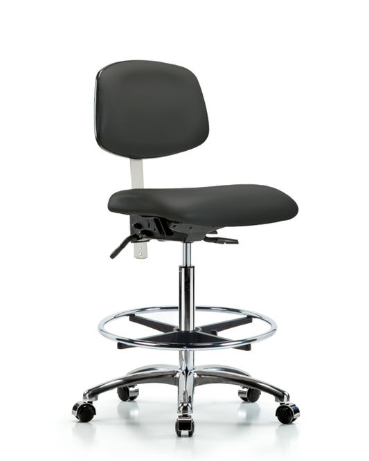 Blue Ridge Ergonomics NCR-VHBCH-CR-T0-A0-CF-CC-8605 Class 100 Vinyl Clean Room Chair - High Bench Height with Chrome Foot Ring & Casters in Charcoal Trailblazer™ Vinyl