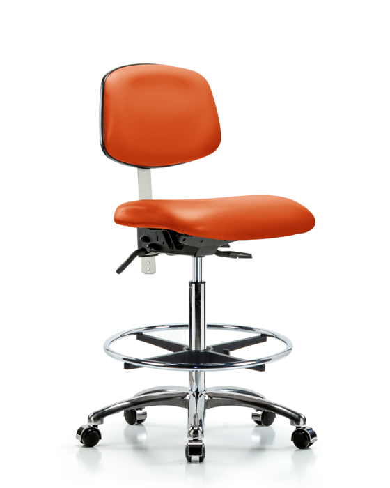 Blue Ridge Ergonomics NCR-VHBCH-CR-T0-A0-CF-CC-8613 Class 100 Vinyl Clean Room Chair - High Bench Height with Chrome Foot Ring & Casters in Orange Kist Trailblazer™ Vinyl