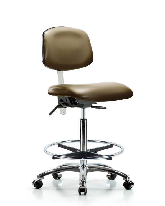Blue Ridge Ergonomics NCR-VHBCH-CR-T0-A0-CF-CC-8809 Class 100 Vinyl Clean Room Chair - High Bench Height with Chrome Foot Ring & Casters in Taupe Supernova™ Vinyl