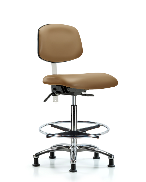Blue Ridge Ergonomics NCR-VHBCH-CR-T0-A0-CF-RG-8584 Class 100 Vinyl Clean Room Chair - High Bench Height with Chrome Foot Ring & Stationary Glides in Taupe Trailblazer™ Vinyl