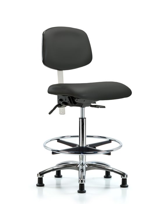 Blue Ridge Ergonomics NCR-VHBCH-CR-T0-A0-CF-RG-8605 Class 100 Vinyl Clean Room Chair - High Bench Height with Chrome Foot Ring & Stationary Glides in Charcoal Trailblazer™ Vinyl