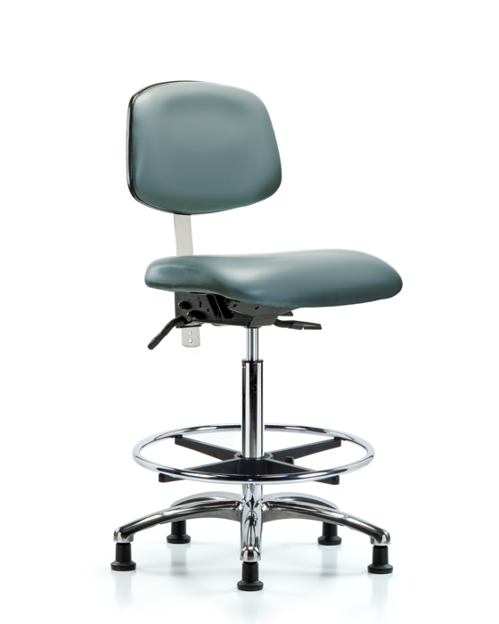 Blue Ridge Ergonomics NCR-VHBCH-CR-T0-A0-CF-RG-8822 Class 100 Vinyl Clean Room Chair - High Bench Height with Chrome Foot Ring & Stationary Glides in Storm Supernova™ Vinyl