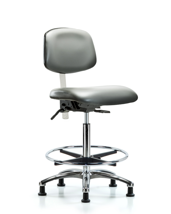 Blue Ridge Ergonomics NCR-VHBCH-CR-T0-A0-CF-RG-8840 Class 100 Vinyl Clean Room Chair - High Bench Height with Chrome Foot Ring & Stationary Glides in Sterling Supernova™ Vinyl