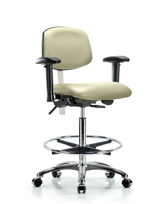 Blue Ridge Ergonomics NCR-VHBCH-CR-T0-A1-CF-CC-8501 Class 100 Vinyl Clean Room Chair - High Bench Height with Adjustable Arms, Chrome Foot Ring, & Casters in Adobe White Trailblazer™ Vinyl