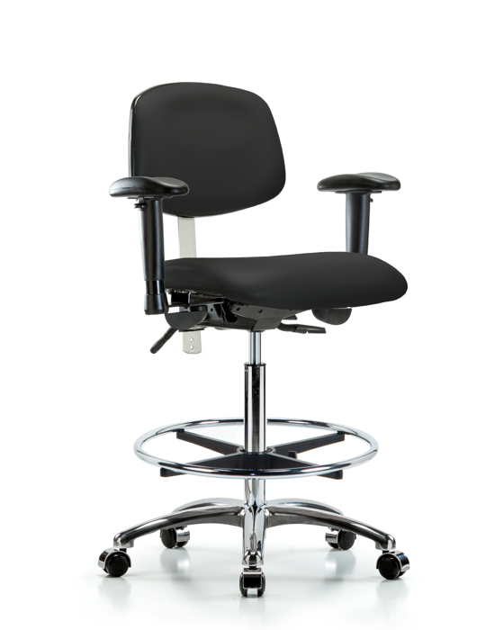 Blue Ridge Ergonomics NCR-VHBCH-CR-T0-A1-CF-CC-8540 Class 100 Vinyl Clean Room Chair - High Bench Height with Adjustable Arms, Chrome Foot Ring, & Casters in Black Trailblazer™ Vinyl