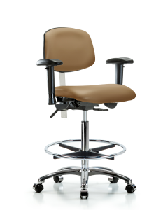 Blue Ridge Ergonomics NCR-VHBCH-CR-T0-A1-CF-CC-8584 Class 100 Vinyl Clean Room Chair - High Bench Height with Adjustable Arms, Chrome Foot Ring, & Casters in Taupe Trailblazer™ Vinyl
