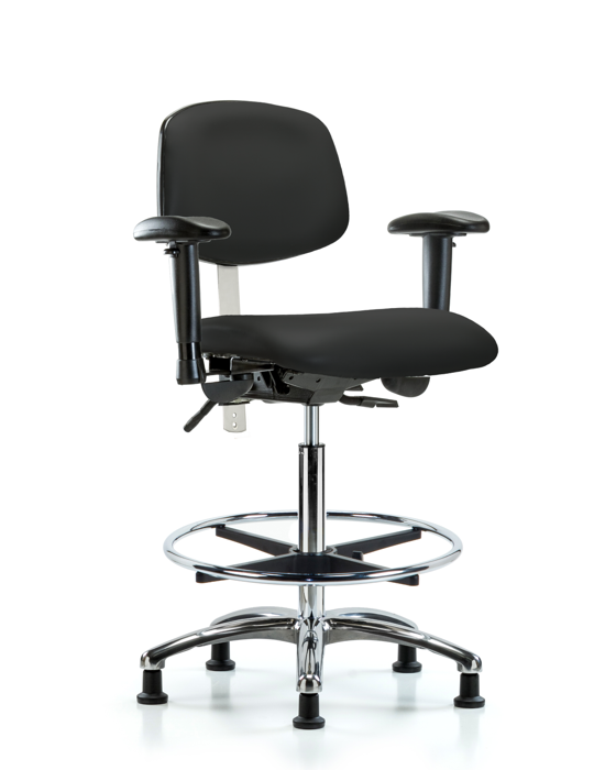 Blue Ridge Ergonomics NCR-VHBCH-CR-T0-A1-CF-RG-8540 Class 100 Vinyl Clean Room Chair - High Bench Height with Adjustable Arms, Chrome Foot Ring, & Stationary Glides in Black Trailblazer™ Vinyl