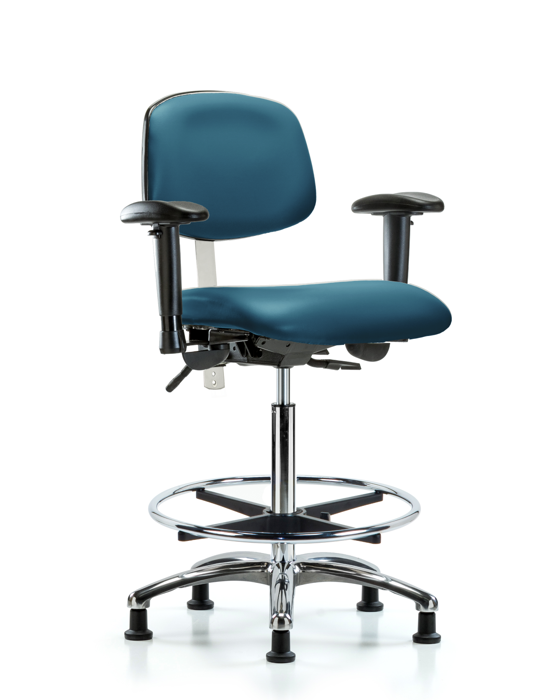 Blue Ridge Ergonomics NCR-VHBCH-CR-T0-A1-CF-RG-8801 Class 100 Vinyl Clean Room Chair - High Bench Height with Adjustable Arms, Chrome Foot Ring, & Stationary Glides in Marine Blue Supernova™ Vinyl