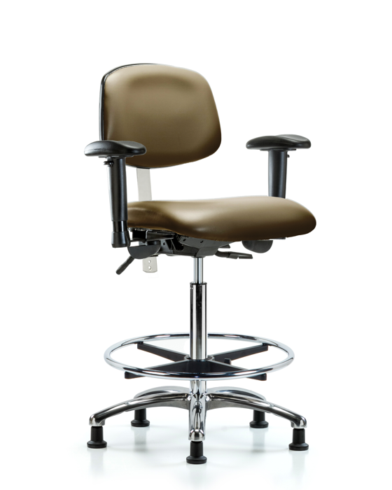 Blue Ridge Ergonomics NCR-VHBCH-CR-T0-A1-CF-RG-8809 Class 100 Vinyl Clean Room Chair - High Bench Height with Adjustable Arms, Chrome Foot Ring, & Stationary Glides in Taupe Supernova™ Vinyl