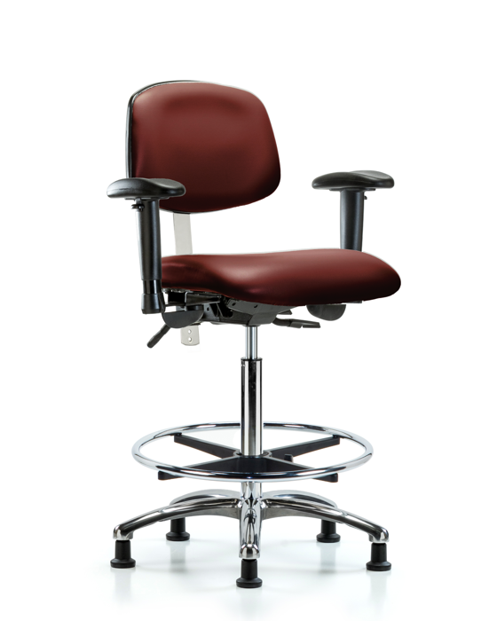 Blue Ridge Ergonomics NCR-VHBCH-CR-T0-A1-CF-RG-8815 Class 100 Vinyl Clean Room Chair - High Bench Height with Adjustable Arms, Chrome Foot Ring, & Stationary Glides in Borscht Supernova™ Vinyl