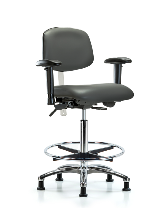 Blue Ridge Ergonomics NCR-VHBCH-CR-T0-A1-CF-RG-8823 Class 100 Vinyl Clean Room Chair - High Bench Height with Adjustable Arms, Chrome Foot Ring, & Stationary Glides in Carbon Supernova™ Vinyl