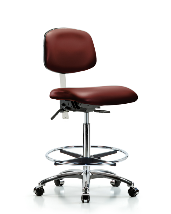 Blue Ridge Ergonomics NCR-VHBCH-CR-T1-A0-CF-CC-8815 Class 100 Vinyl Clean Room Chair - High Bench Height with Seat Tilt, Chrome Foot Ring, & Casters in Borscht Supernova™ Vinyl