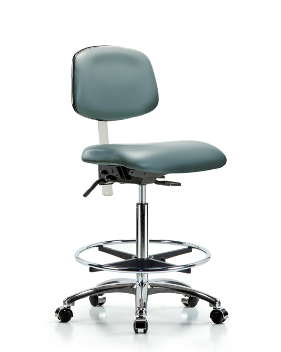 Blue Ridge Ergonomics NCR-VHBCH-CR-T1-A0-CF-CC-8822 Class 100 Vinyl Clean Room Chair - High Bench Height with Seat Tilt, Chrome Foot Ring, & Casters in Storm Supernova™ Vinyl