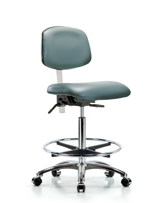 Blue Ridge Ergonomics NCR-VHBCH-CR-T1-A0-CF-CC-8822 Class 100 Vinyl Clean Room Chair - High Bench Height with Seat Tilt, Chrome Foot Ring, & Casters in Storm Supernova™ Vinyl