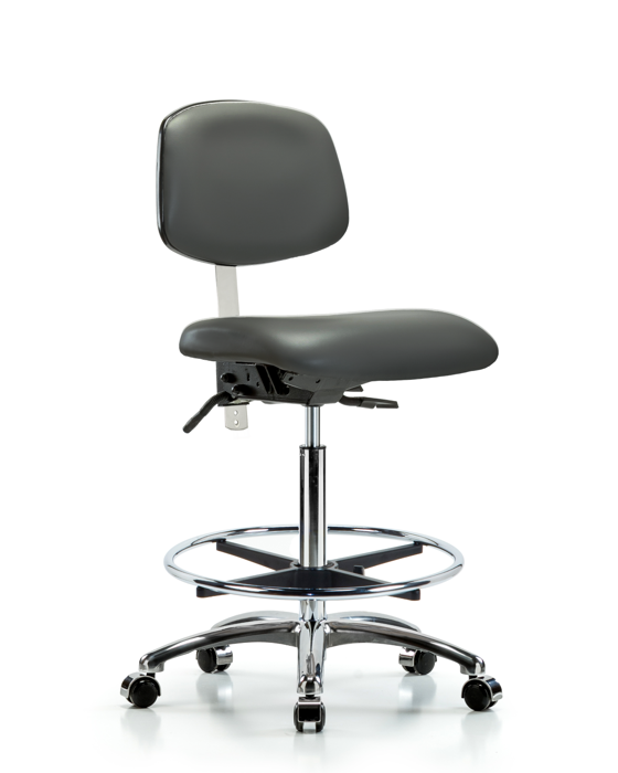 Blue Ridge Ergonomics NCR-VHBCH-CR-T1-A0-CF-CC-8823 Class 100 Vinyl Clean Room Chair - High Bench Height with Seat Tilt, Chrome Foot Ring, & Casters in Carbon Supernova™ Vinyl
