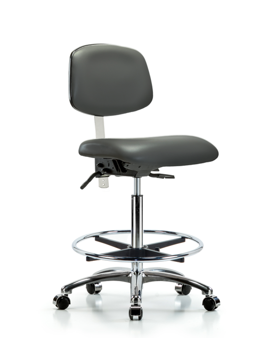Blue Ridge Ergonomics NCR-VHBCH-CR-T1-A0-CF-CC-8823 Class 100 Vinyl Clean Room Chair - High Bench Height with Seat Tilt, Chrome Foot Ring, & Casters in Carbon Supernova™ Vinyl
