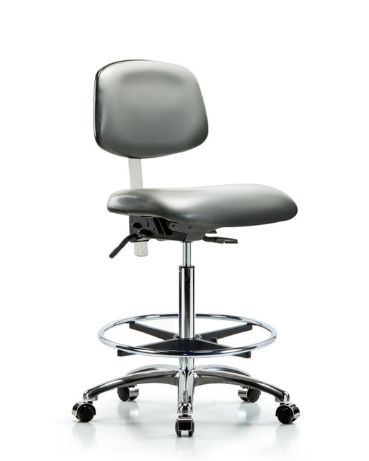 Blue Ridge Ergonomics NCR-VHBCH-CR-T1-A0-CF-CC-8840 Class 100 Vinyl Clean Room Chair - High Bench Height with Seat Tilt, Chrome Foot Ring, & Casters in Sterling Supernova™ Vinyl