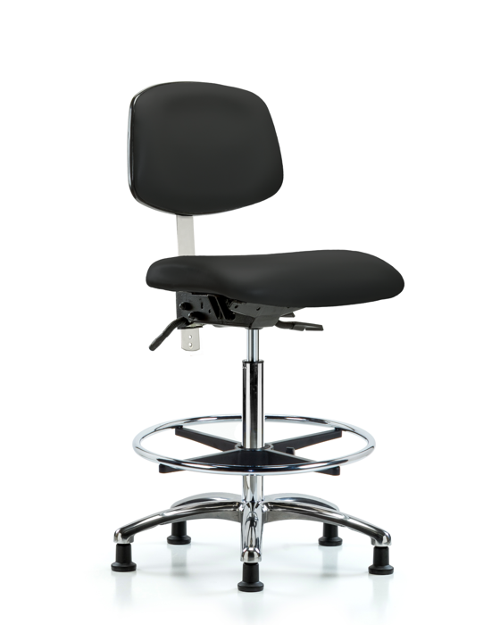 Blue Ridge Ergonomics NCR-VHBCH-CR-T1-A0-CF-RG-8540 Class 100 Vinyl Clean Room Chair - High Bench Height with Seat Tilt, Chrome Foot Ring, & Stationary Glides in Black Trailblazer™ Vinyl