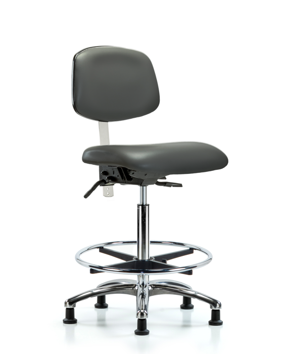 Blue Ridge Ergonomics NCR-VHBCH-CR-T1-A0-CF-RG-8823 Class 100 Vinyl Clean Room Chair - High Bench Height with Seat Tilt, Chrome Foot Ring, & Stationary Glides in Carbon Supernova™ Vinyl