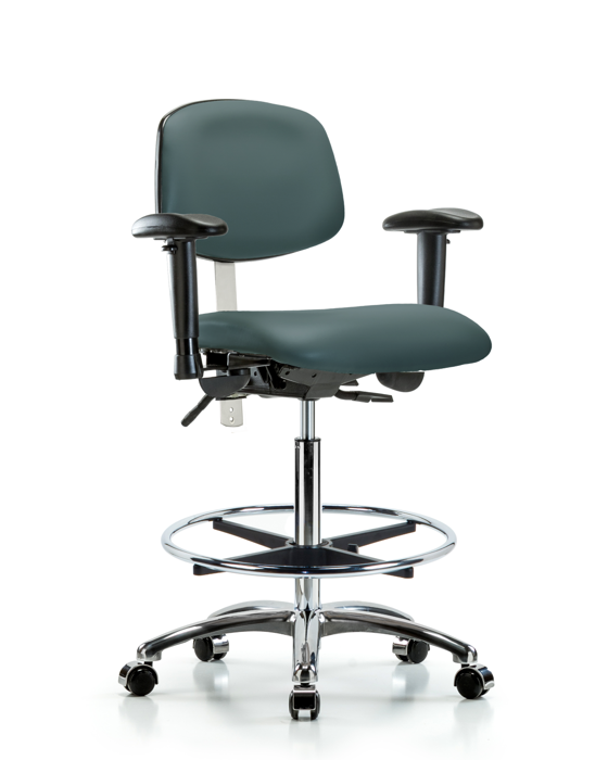Blue Ridge Ergonomics NCR-VHBCH-CR-T1-A1-CF-CC-8546 Class 100 Vinyl Clean Room Chair - High Bench Height with Seat Tilt, Adjustable Arms, Chrome Foot Ring, & Casters in Colonial Blue Trailblazer™ Vinyl