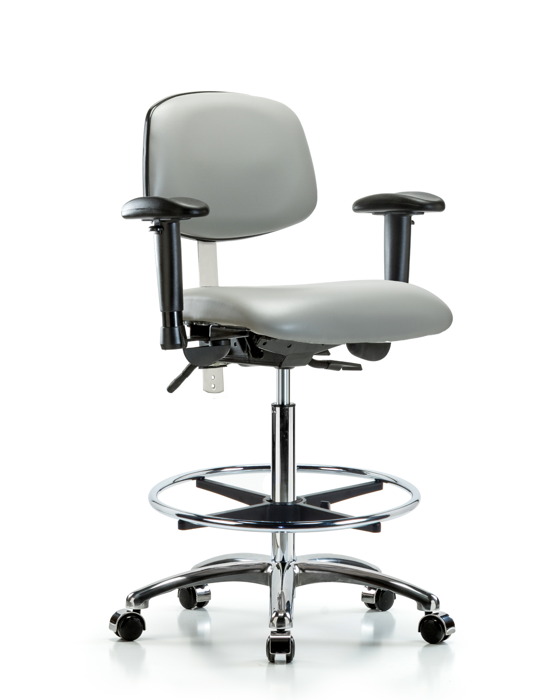 Blue Ridge Ergonomics NCR-VHBCH-CR-T1-A1-CF-CC-8567 Class 100 Vinyl Clean Room Chair - High Bench Height with Seat Tilt, Adjustable Arms, Chrome Foot Ring, & Casters in Dove Trailblazer™ Vinyl